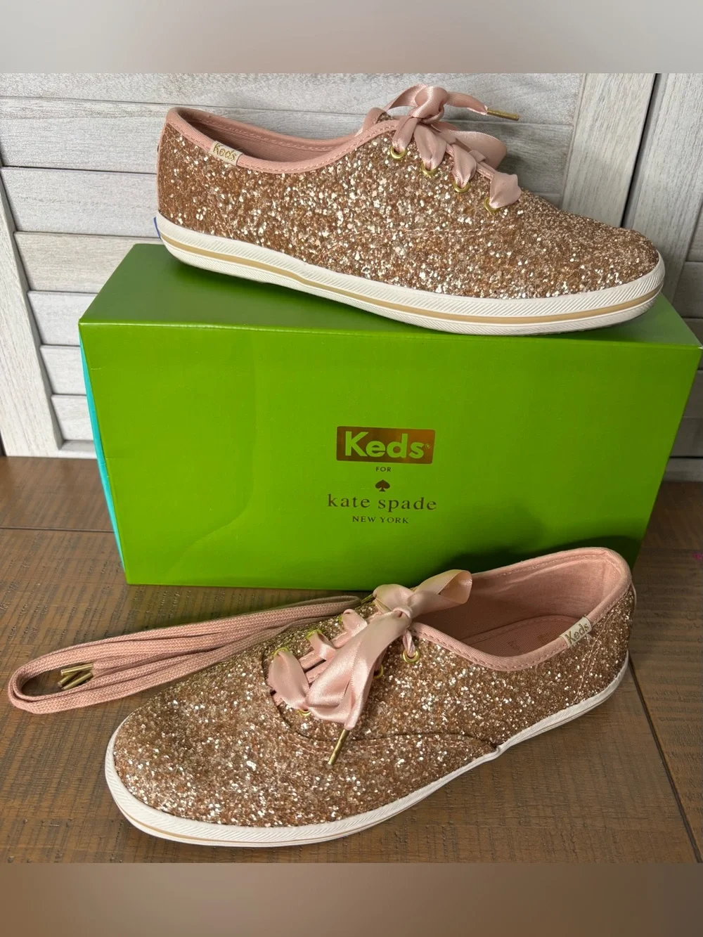 Keds x Kate Spade Champion Rose Gold Glitter Sneakers Box Extra Laces Women’s 7